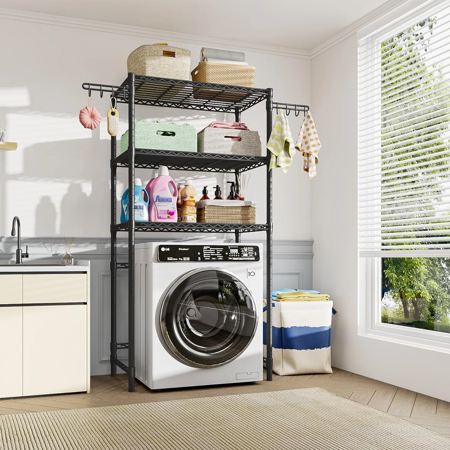 قفسه ذخیره سازی بالای ماشین لباسشویی و خشک کن Forthcan، قفسه سازمان دهنده اتاق لباسشویی با 3 طبقه قفسه با ارتفاع قابل تنظیم و قلاب جانبی، 35 اینچ عرض × 13.4 اینچ عمق × 75.6 اینچ ارتفاع