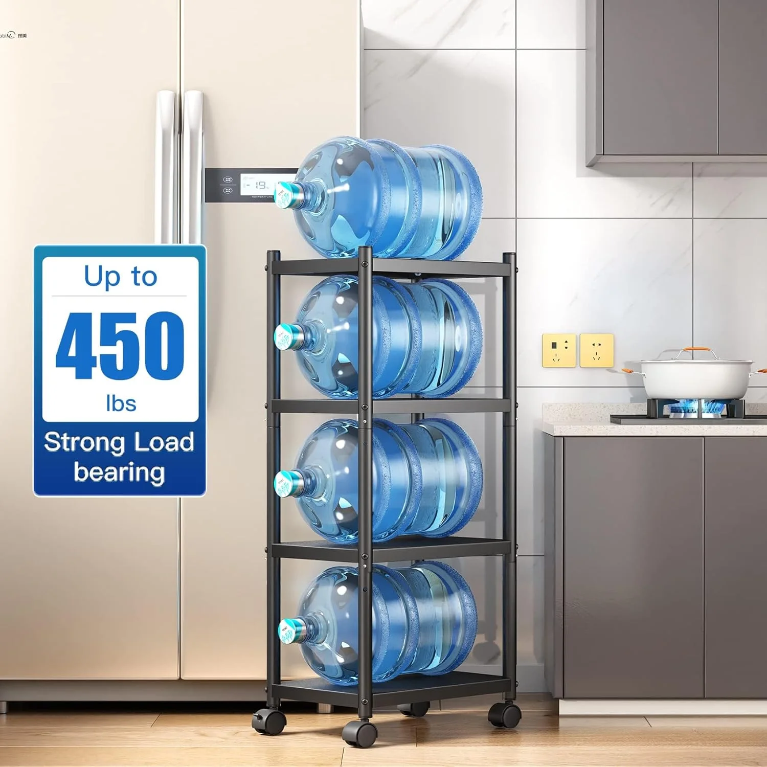 قفسه های ذخیره سازی KASTWAVE با چرخ های غلتکی، واحد قفسه بندی فلزی 4 طبقه قابل تنظیم برای ذخیره سازی سنگین، قفسه کوچک قفسه ذخیره سازی برای گوشه آشپزخانه حمام اتاق نشیمن گاراژ دفتر، مشکی