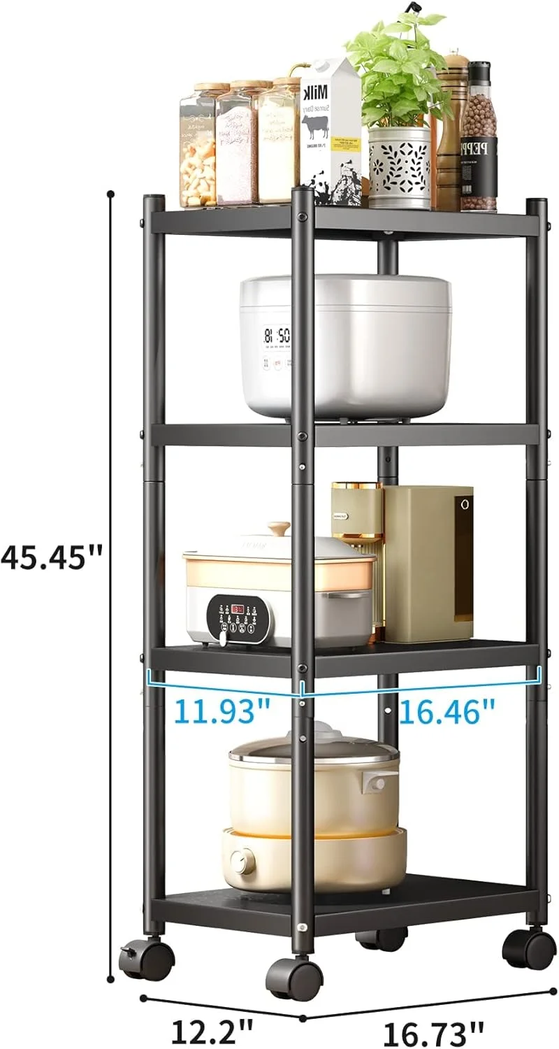 قفسه های ذخیره سازی KASTWAVE با چرخ های غلتکی، واحد قفسه بندی فلزی 4 طبقه قابل تنظیم برای ذخیره سازی سنگین، قفسه کوچک قفسه ذخیره سازی برای گوشه آشپزخانه حمام اتاق نشیمن گاراژ دفتر، مشکی