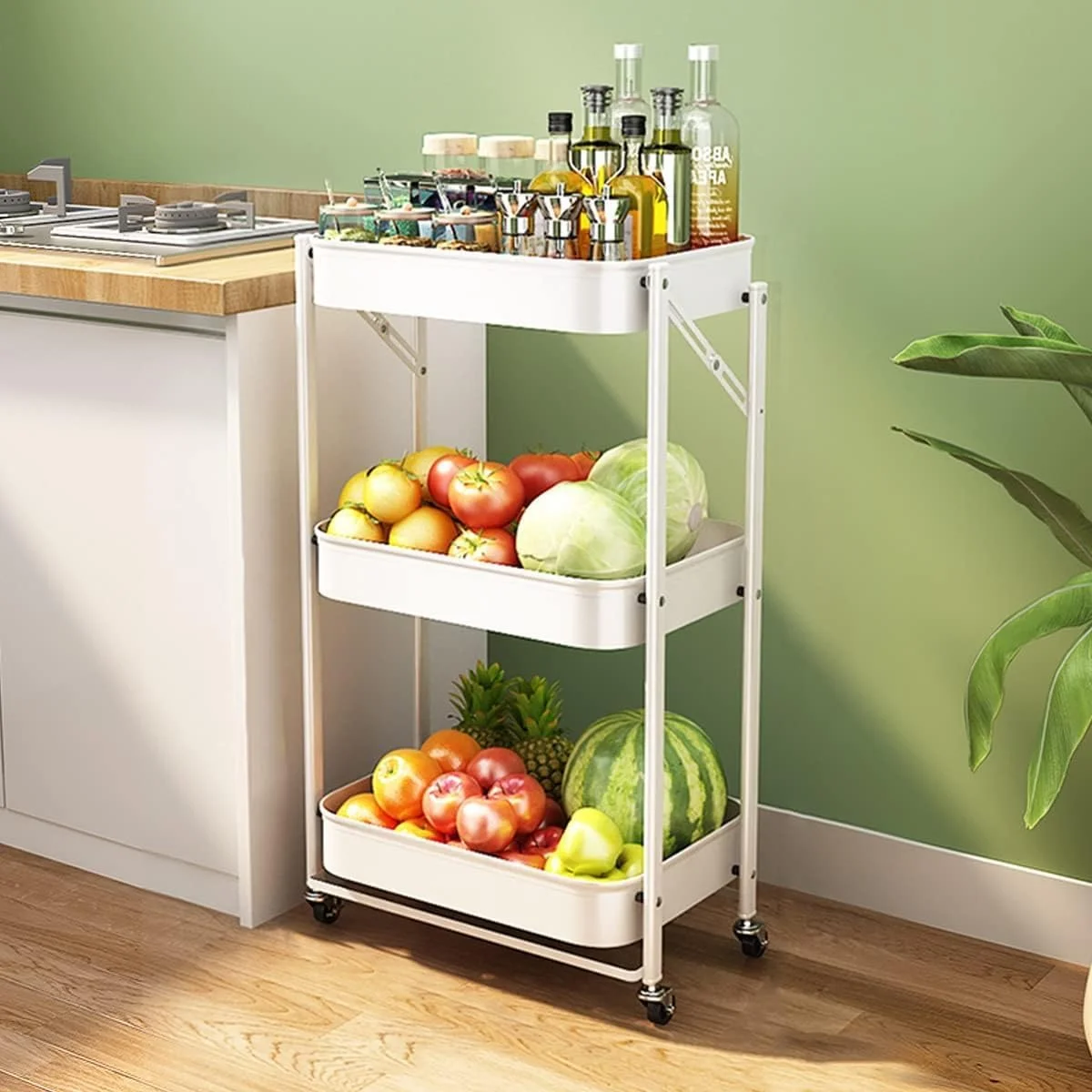 قفسه توری فلزی تاشو 3 طبقه KOVEO با چرخ | قفسه قابل تنظیم برای آشپزخانه، اتاق نشیمن، حمام و اتاق خواب، بدون نیاز به مونتاژ | ارگانایزر آشپزخانه (سفید)