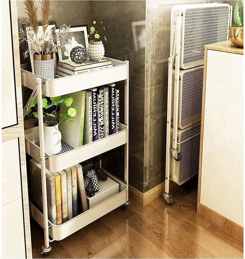 قفسه توری فلزی تاشو 3 طبقه KOVEO با چرخ | قفسه قابل تنظیم برای آشپزخانه، اتاق نشیمن، حمام و اتاق خواب، بدون نیاز به مونتاژ | ارگانایزر آشپزخانه (سفید)