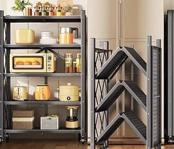 قفسه تاشو 4 طبقه HOMIVA با چرخ، واحد قفسه بندی فلزی سنگین، بدون نیاز به مونتاژ، قفسه های قابل جابجایی، سازمان دهنده متحرک برای آشپزخانه، گاراژ، حمام یا اتاق لباسشویی