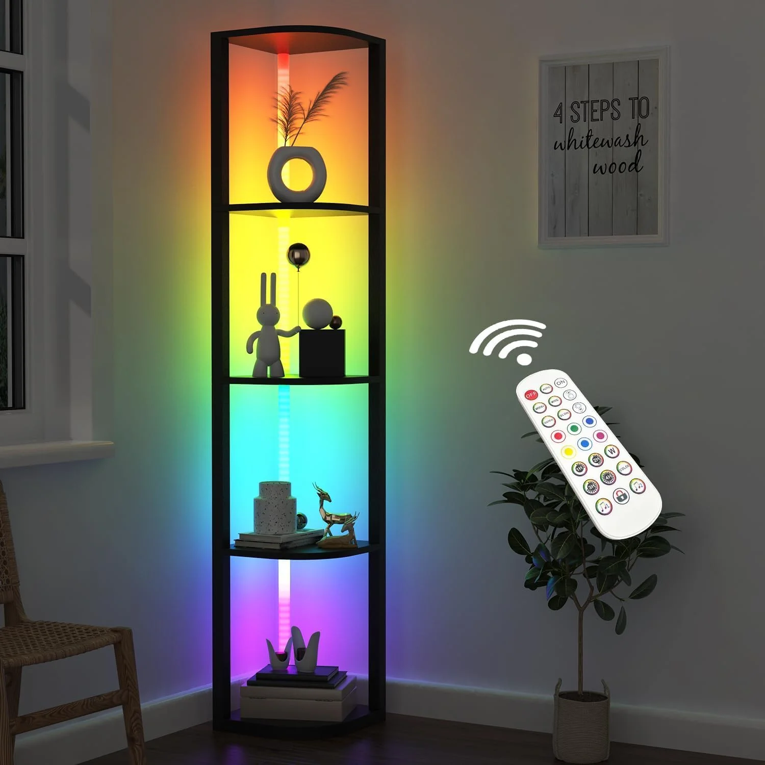 شلف گوشه ای 5 طبقه Sgaloge با نور LED، قفسه ایستاده، قفسه کتاب باریک مشکی با قفسه ذخیره سازی برای گوشه دیوار، اتاق نشیمن، اتاق خواب، قاب فلزی، قفسه نمایش چوبی