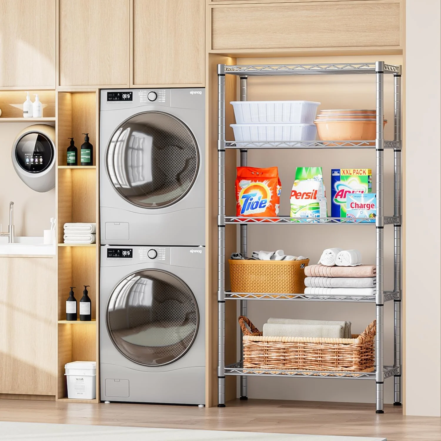 قفسه 5 طبقه فورثکان، قفسه های سیمی قابل تنظیم، قفسه ارگانایزر، قفسه ذخیره سازی سنگین، قفسه فلزی بادوام (نقره ای)