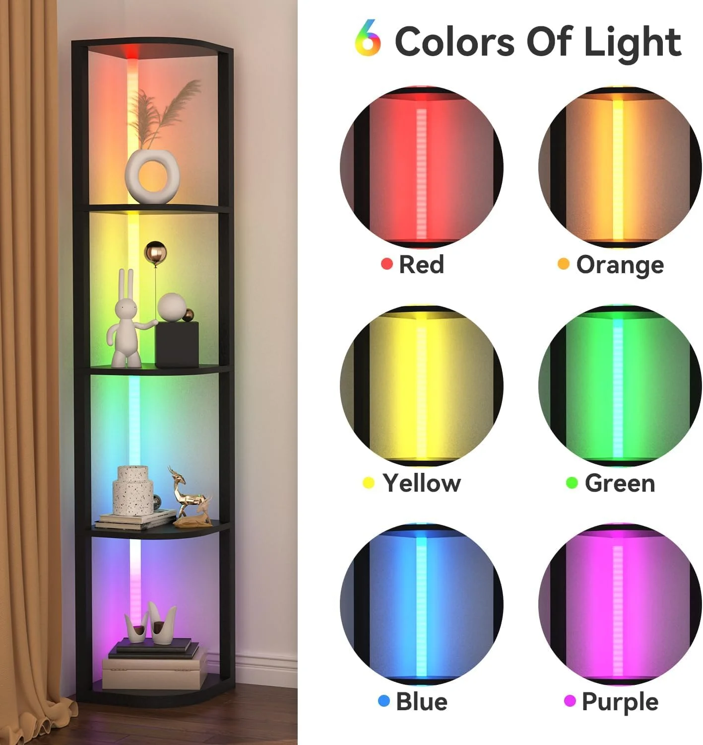 شلف گوشه ای 5 طبقه Sgaloge با نور LED، قفسه ایستاده، قفسه کتاب باریک مشکی با قفسه ذخیره سازی برای گوشه دیوار، اتاق نشیمن، اتاق خواب، قاب فلزی، قفسه نمایش چوبی