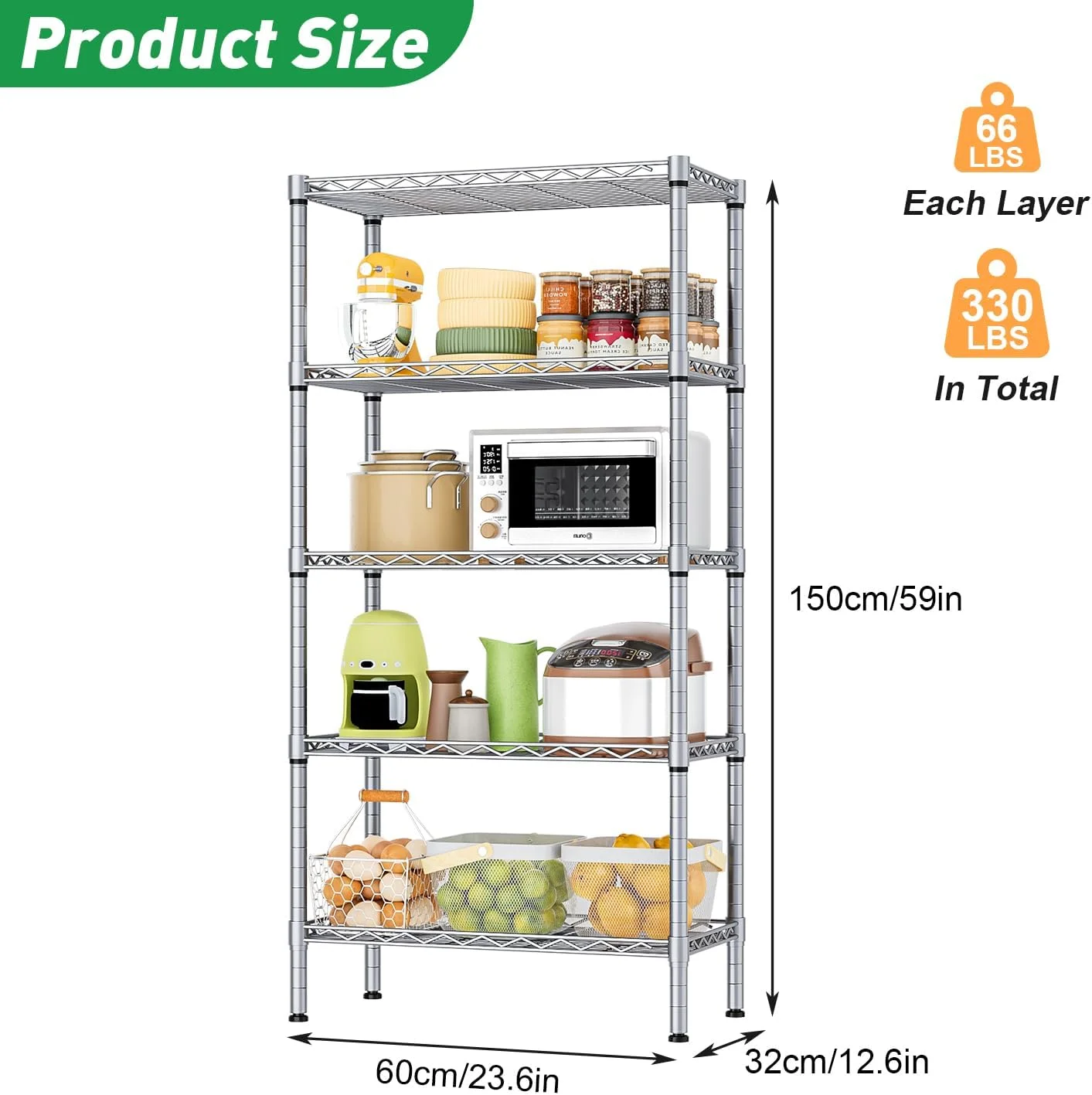قفسه 5 طبقه فورثکان، قفسه های سیمی قابل تنظیم، قفسه ارگانایزر، قفسه ذخیره سازی سنگین، قفسه فلزی بادوام (نقره ای)
