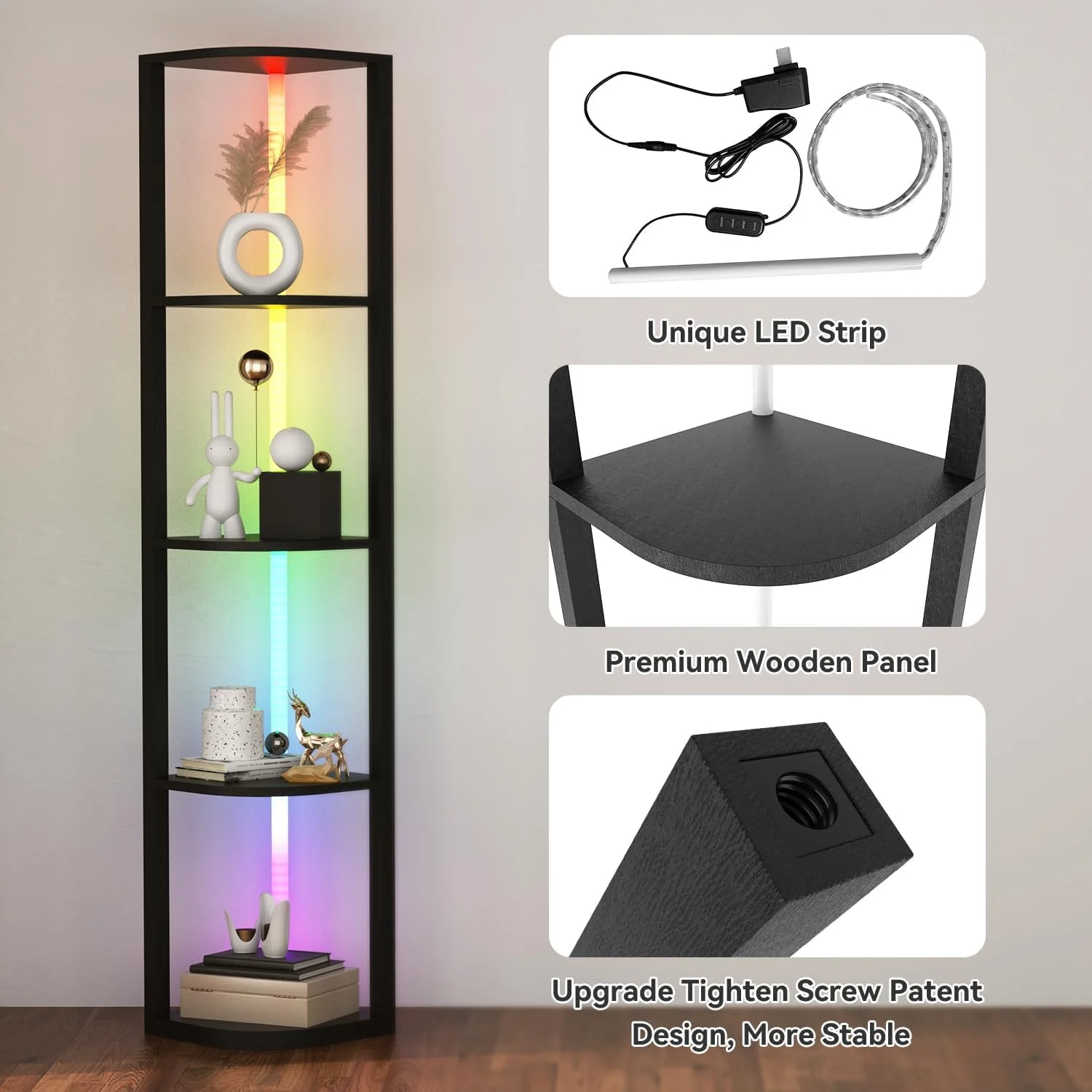 شلف گوشه ای 5 طبقه Sgaloge با نور LED، قفسه ایستاده، قفسه کتاب باریک مشکی با قفسه ذخیره سازی برای گوشه دیوار، اتاق نشیمن، اتاق خواب، قاب فلزی، قفسه نمایش چوبی