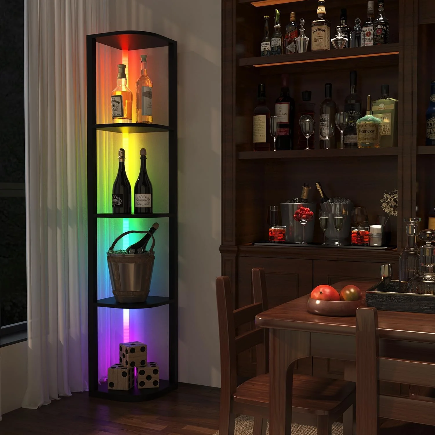 شلف گوشه ای 5 طبقه Sgaloge با نور LED، قفسه ایستاده، قفسه کتاب باریک مشکی با قفسه ذخیره سازی برای گوشه دیوار، اتاق نشیمن، اتاق خواب، قاب فلزی، قفسه نمایش چوبی