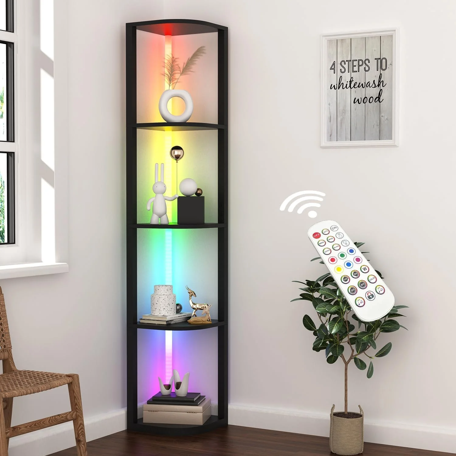 شلف گوشه ای 5 طبقه Sgaloge با نور LED، قفسه ایستاده، قفسه کتاب باریک مشکی با قفسه ذخیره سازی برای گوشه دیوار، اتاق نشیمن، اتاق خواب، قاب فلزی، قفسه نمایش چوبی
