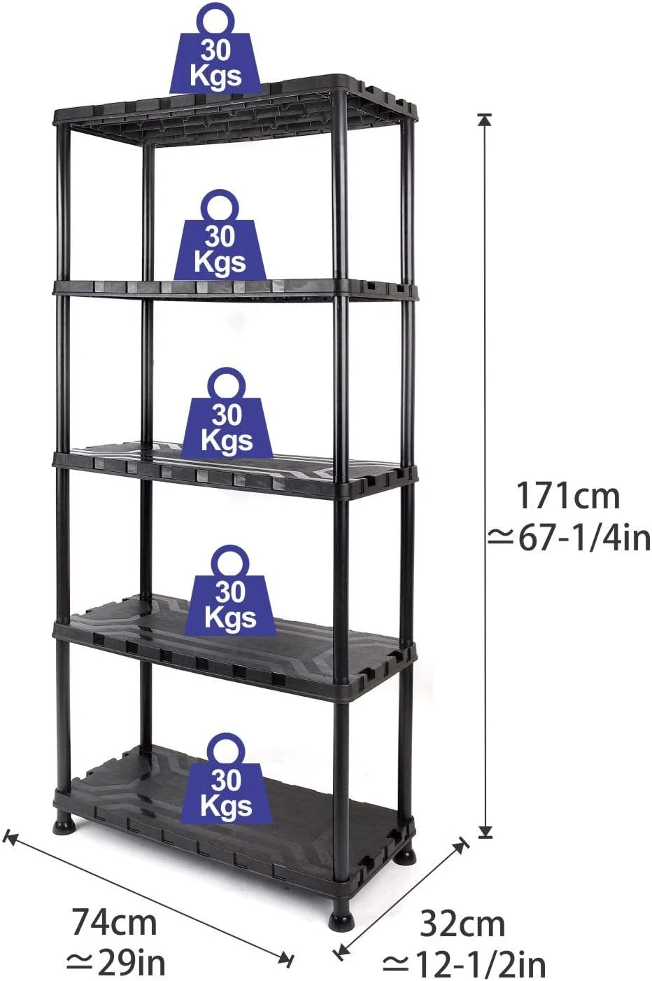 قفسه پلاستیکی 5 طبقه سنگین تاکتیکس، 171 سانتی متر ارتفاع، 30 کیلوگرم ظرفیت هر طبقه، سازمان دهنده قفسه گاراژ مدولار، برای خانه، زیرزمین، رختشویخانه، مشکی، اندازه: 74 عرض x 32 عمق x 171 ارتفاع سانتی متر - 320402