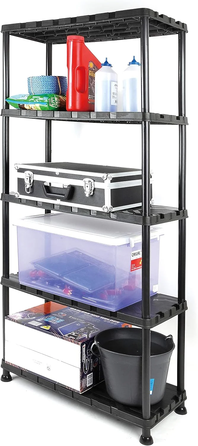 قفسه پلاستیکی 5 طبقه سنگین تاکتیکس، 171 سانتی متر ارتفاع، 30 کیلوگرم ظرفیت هر طبقه، سازمان دهنده قفسه گاراژ مدولار، برای خانه، زیرزمین، رختشویخانه، مشکی، اندازه: 74 عرض x 32 عمق x 171 ارتفاع سانتی متر - 320402