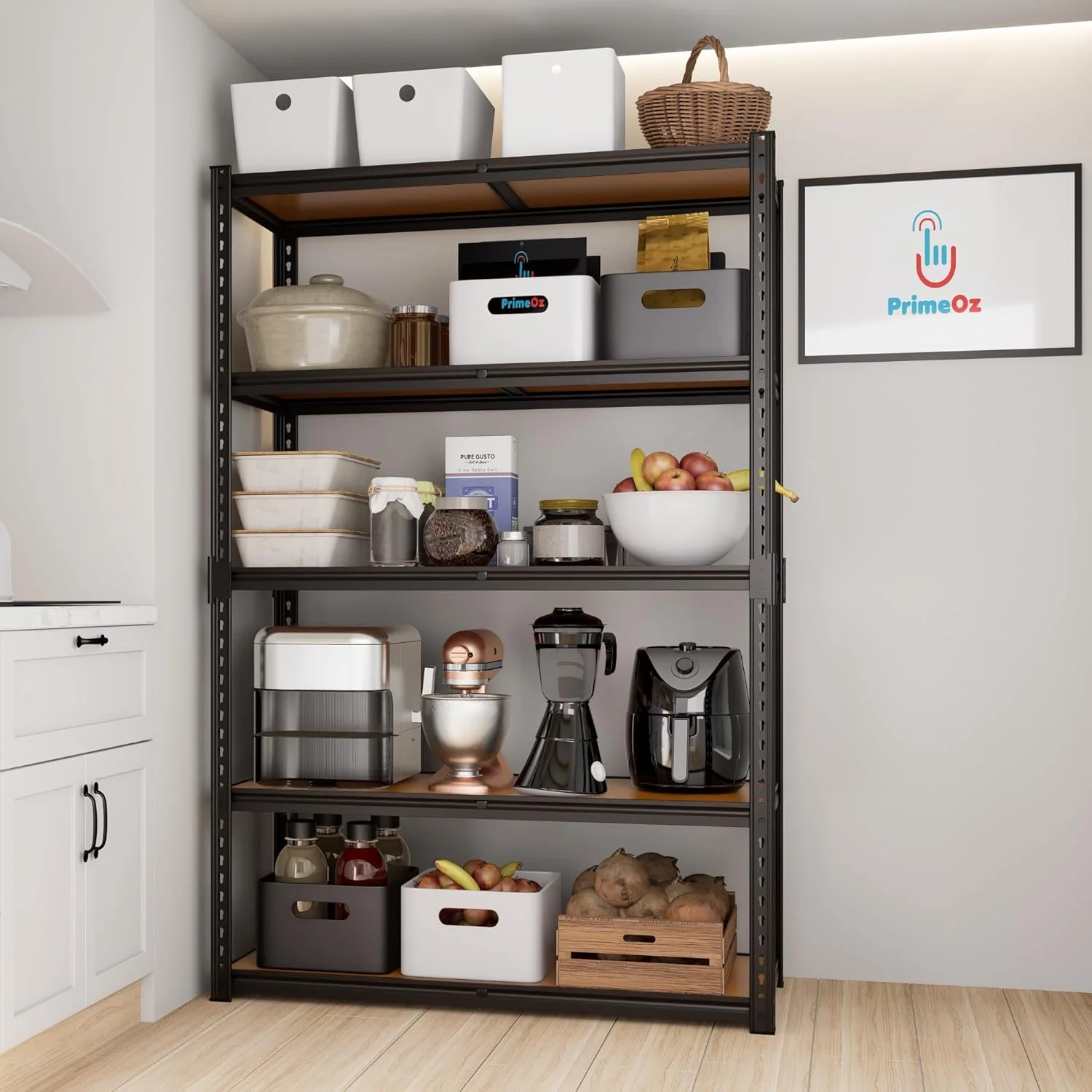 قفسه فولادی 5 طبقه بدون پیچ PrimeOz - قفسه انبار با قاب لبه دار و تخته های MDF ضخیم، ایده آل برای استفاده در گاراژ، انبار، فروشگاه، دفتر یا خانه (قاب مشکی و MDF ساده، 183*100*40 سانتی متر، 5 طبقه)