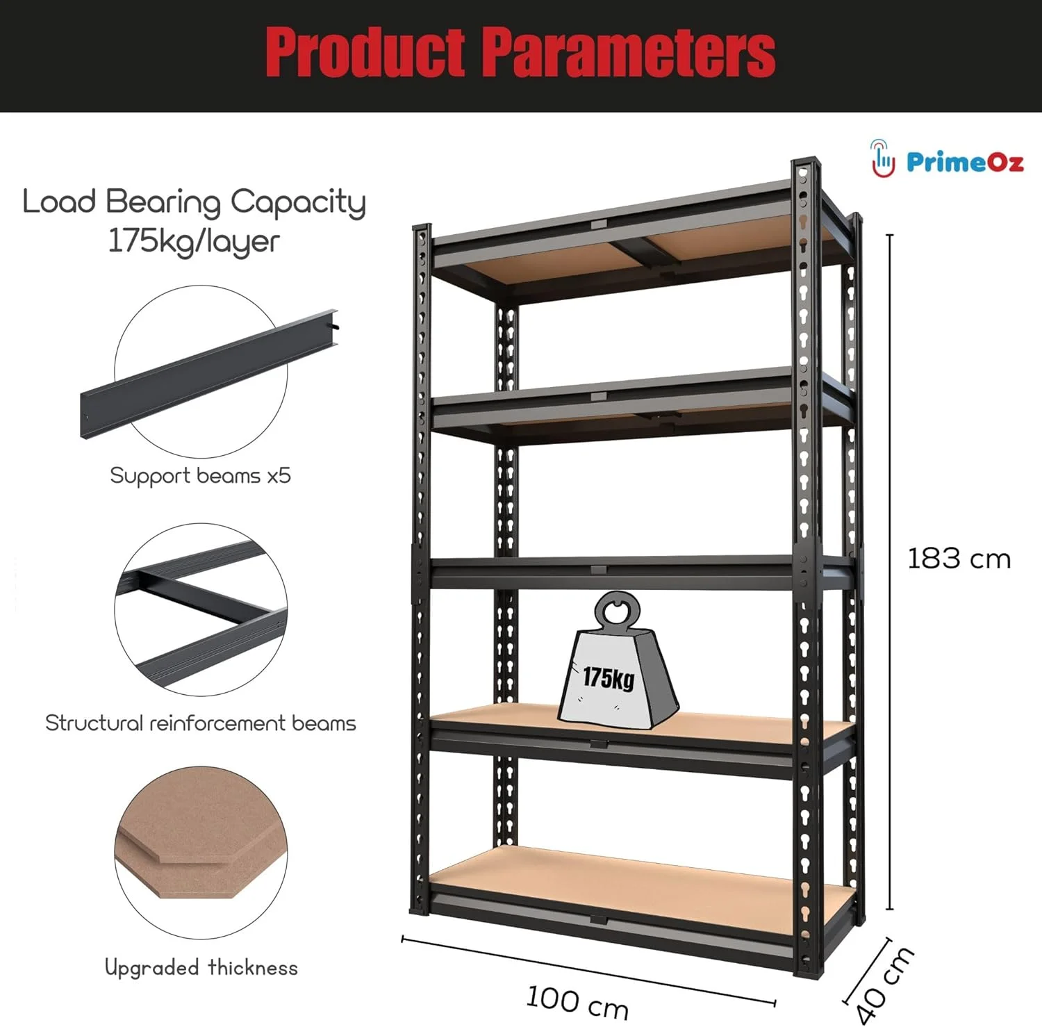 قفسه فولادی 5 طبقه بدون پیچ PrimeOz - قفسه انبار با قاب لبه دار و تخته های MDF ضخیم، ایده آل برای استفاده در گاراژ، انبار، فروشگاه، دفتر یا خانه (قاب مشکی و MDF ساده، 183*100*40 سانتی متر، 5 طبقه)