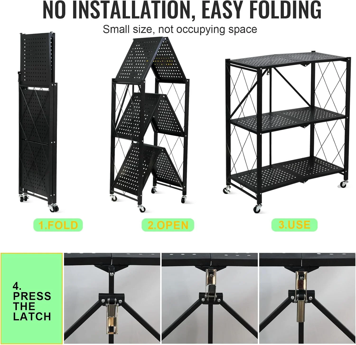 قفسه های تاشو 3 طبقه SKY-TOUCH، قفسه آشپزخانه با چرخ های چرخشی، قفسه تاشو با مونتاژ آسان برای اتاق نشیمن، اتاق خواب، آشپزخانه، گاراژ، مشکی قفسه های تاشو 3 طبقه SKY-TOUCH، قفسه آشپزخانه با چرخ های چرخشی، قفسه تاشو با مونتاژ آسان برای اتاق نشیمن، اتاق خواب، آشپزخانه، گاراژ، مشکی