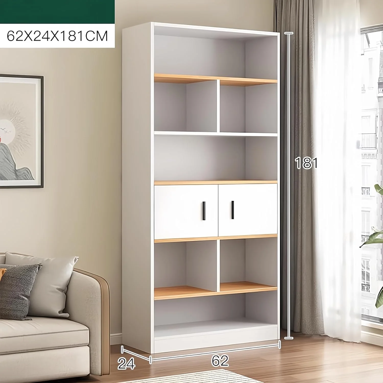 کتابخانه مدرن جومیلا با کابینت، سفید، سازمان دهنده ذخیره سازی 5 طبقه، طراحی قفسه های باز، 62x24x181 سانتی متر، اتاق نشیمن اداری (62x24x181 سانتی متر)