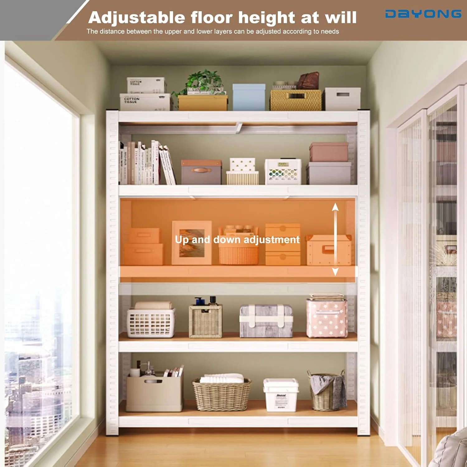 قفسه فلزی 5 طبقه DAYONG، واحدهای قفسه بندی، قفسه های ذخیره سازی، سازمان دهنده قفسه برای آشپزخانه، اتاق نشیمن، اتاق خواب، دفتر، بالکن (سفید)