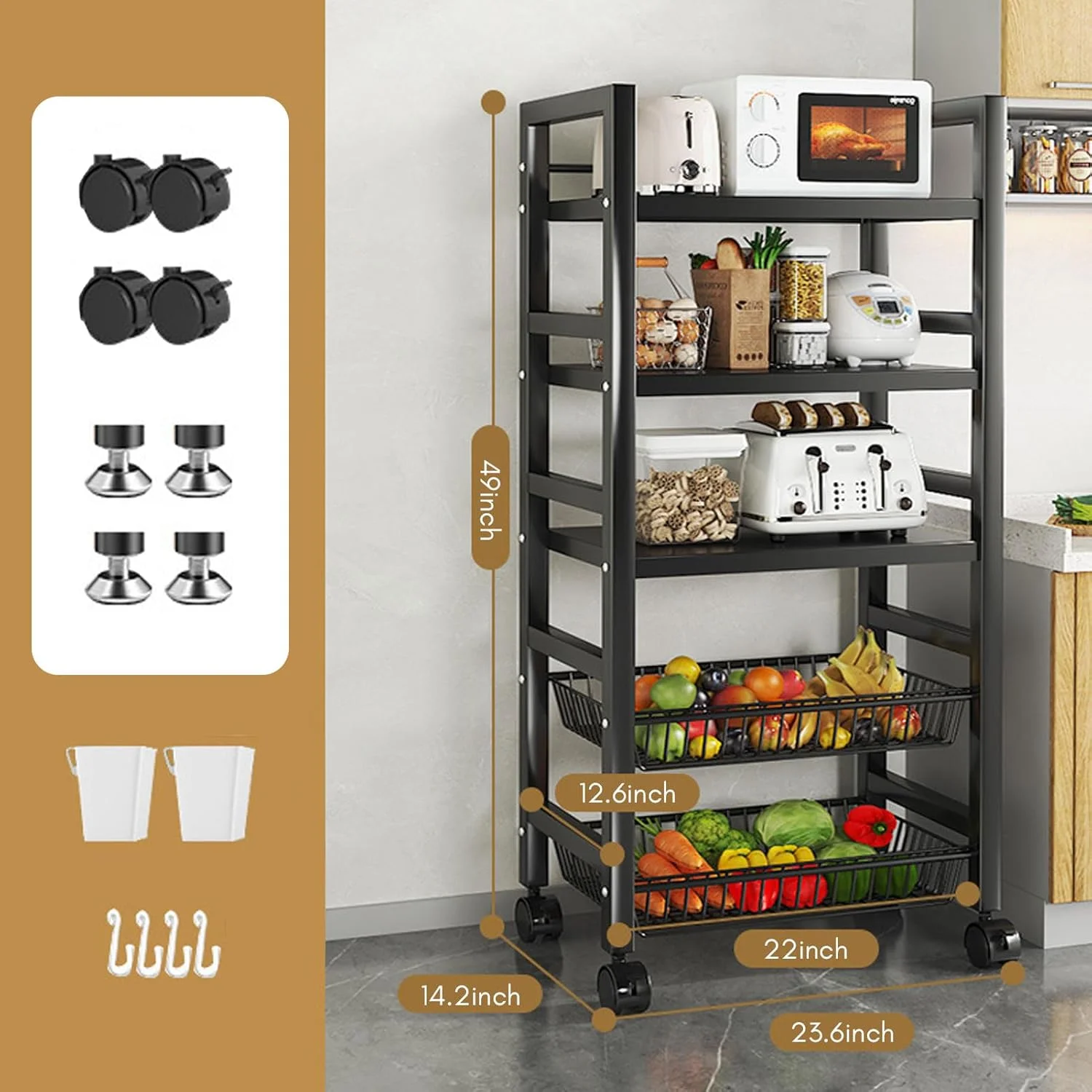 قفسه های ذخیره سازی آشپزخانه 5 طبقه، قفسه های فلزی برای قفسه انبار ذخیره سازی با چرخ های غلتکی، قفسه ذخیره سازی چند منظوره متحرک، قفسه ایستاده برای آشپزخانه/اتاق خواب/کمد لباسشویی