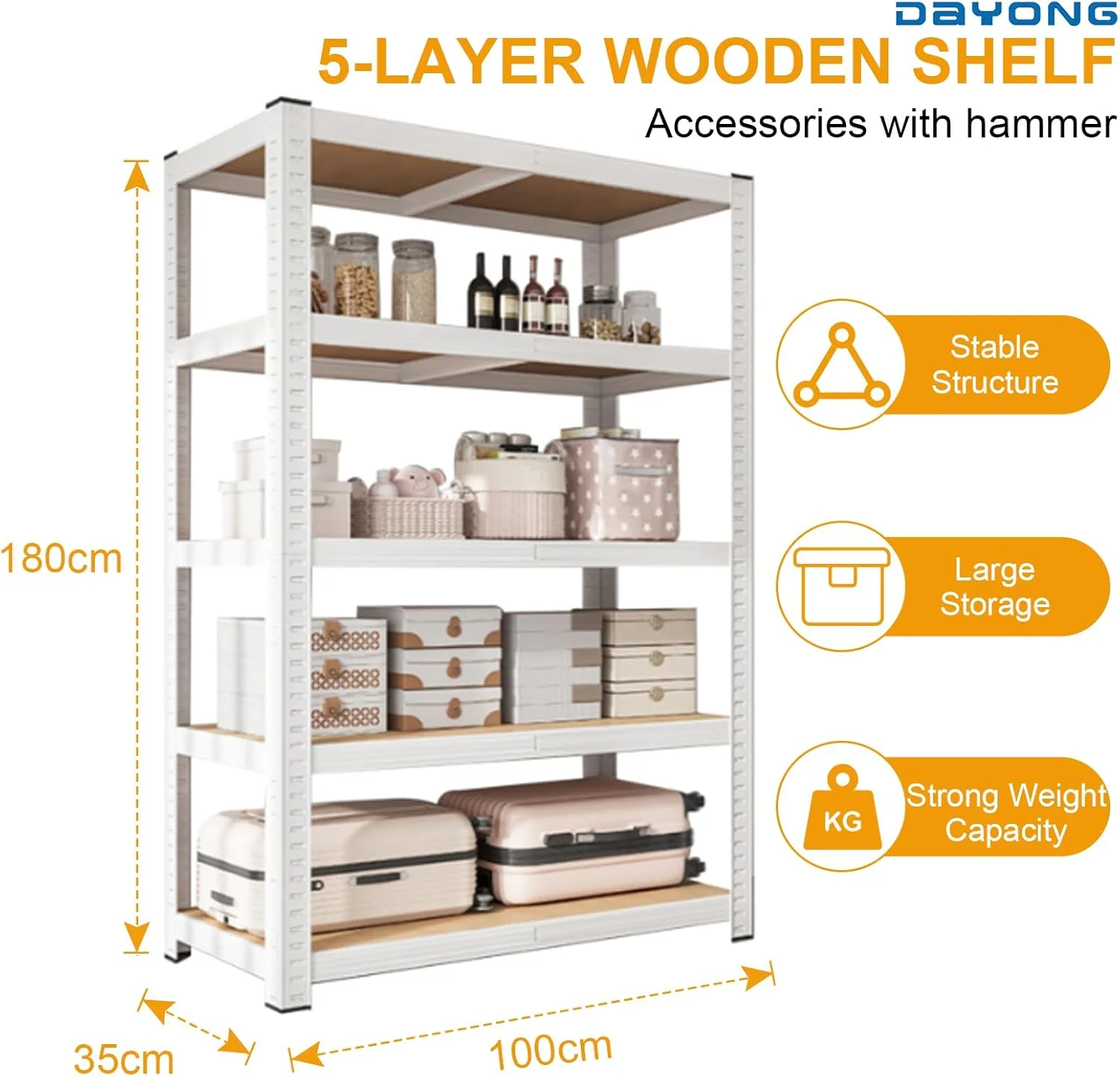 قفسه فلزی 5 طبقه DAYONG، واحدهای قفسه بندی، قفسه های ذخیره سازی، سازمان دهنده قفسه برای آشپزخانه، اتاق نشیمن، اتاق خواب، دفتر، بالکن (سفید)