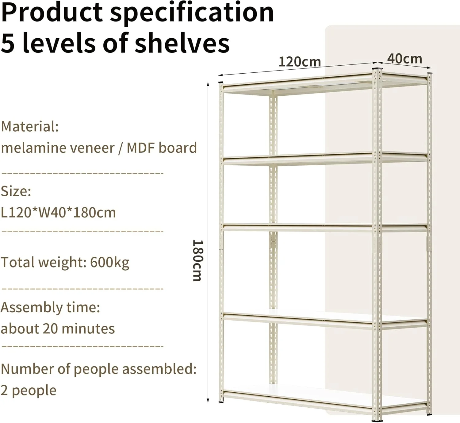 قفسه های انبارداری WWI، قفسه های فلزی، قفسه فولادی 180 سانتی متری، قفسه فلزی پنج طبقه، قفسه فلزی با قابلیت تنظیم ارتفاع (سفید، 120 * 40)