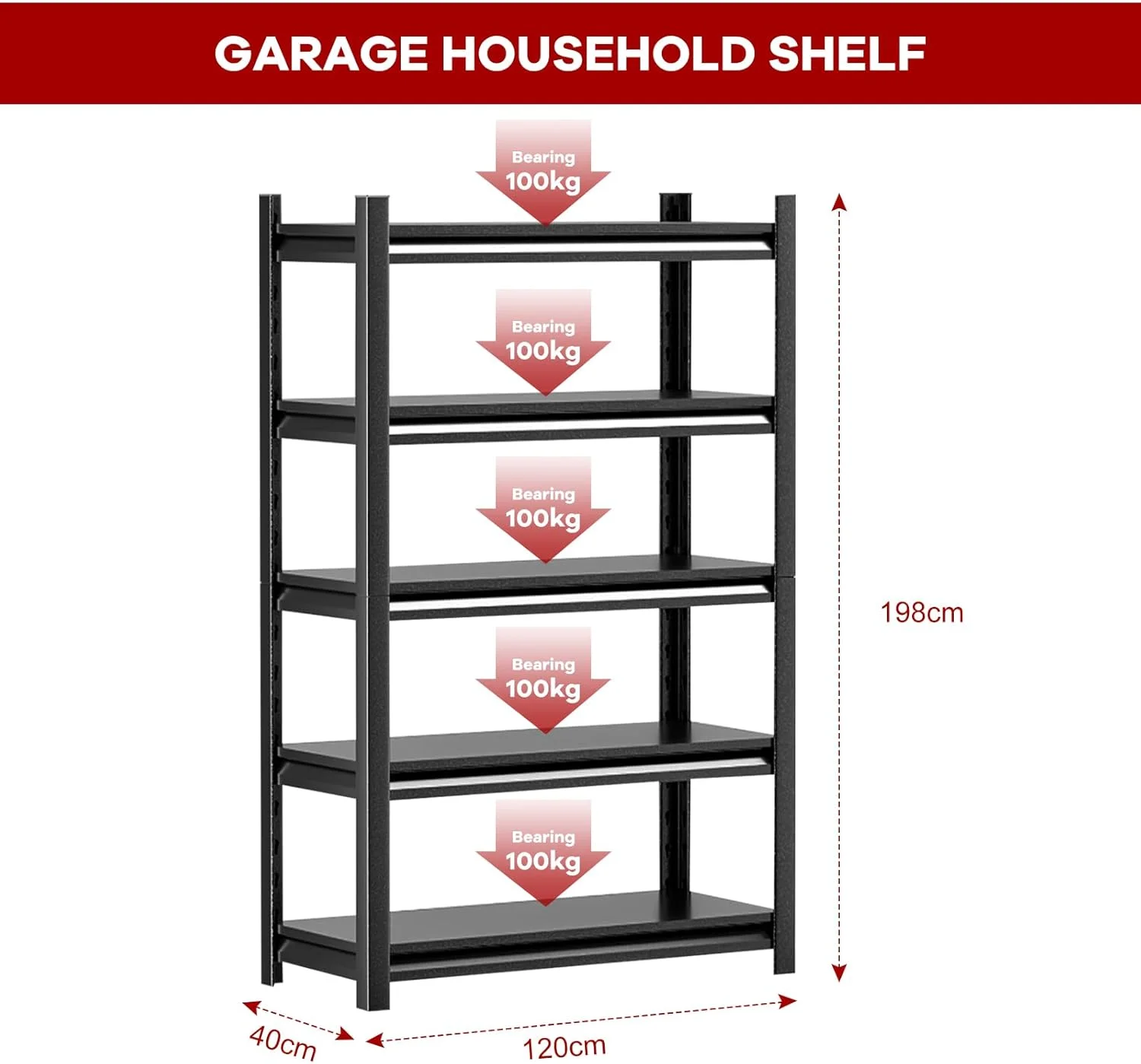 قفسه های ذخیره سازی 500 کیلوگرمی Beauenty، قفسه بندی گاراژ 5 طبقه سنگین، قفسه های گاراژ قابل تنظیم، قفسه کاربردی، واحدهای قفسه بندی برای انبار ذخیره سازی، انبار مواد غذایی، کمد، 198 سانتی متر ارتفاع x 120 سانتی متر عرض x 40 سانتی متر عمق (سفید)