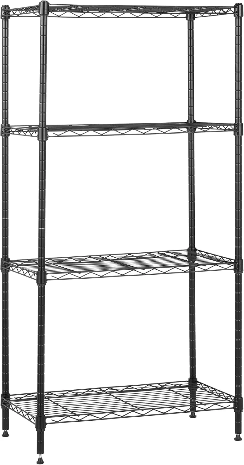 یونیت ذخیره سازی باریک 4 طبقه آمازون بیسیکس با قفسه های قابل تنظیم ارتفاع و پایه های تراز کننده، حداکثر وزن 363 کیلوگرم، مشکی، 34 سانتی متر عمق x 58.9 سانتی متر عرض x 121.9 سانتی متر ارتفاع