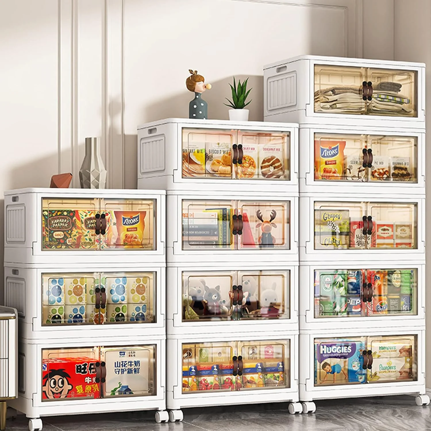 کابینت ذخیره سازی تاشو چند لایه، قفسه کابینت ذخیره سازی ایستاده با ظرفیت بزرگ، جعبه ذخیره سازی اسباب بازی ضد گرد و غبار شفاف و قابل مشاهده، قفسه تنقلات، قفسه کتاب با چرخ های جهانی (4 لایه)