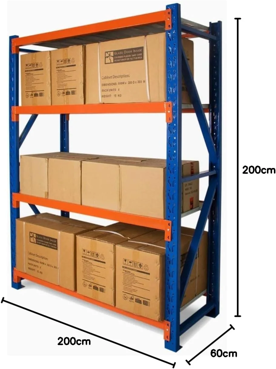 قفسه فلزی سنگین انبار 4 طبقه POWERED، قفسه بندی گاراژ، قفسه فولادی با ظرفیت 300 کیلوگرم در هر طبقه (200 x 60 x 200 سانتی متر) (مشکی + زرد)