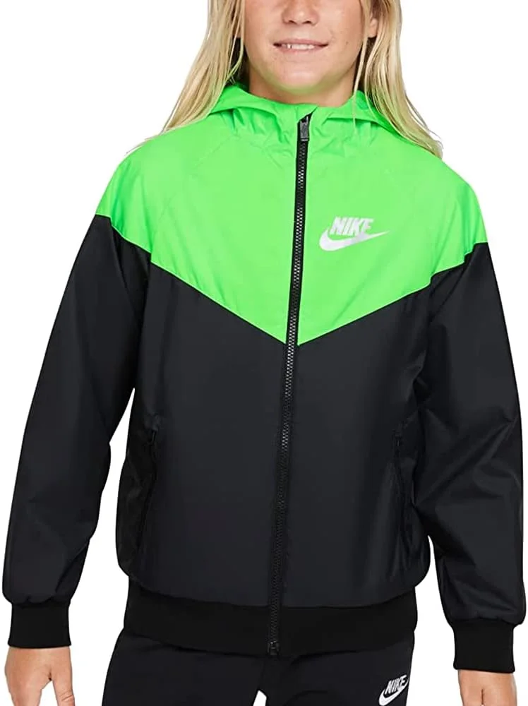 کاپشن ورزشی نایک Sportswear Windrunner (مناسب کودکان کوچک/بزرگ)، مشکی/سبز/نقره ای، سایز مدیوم