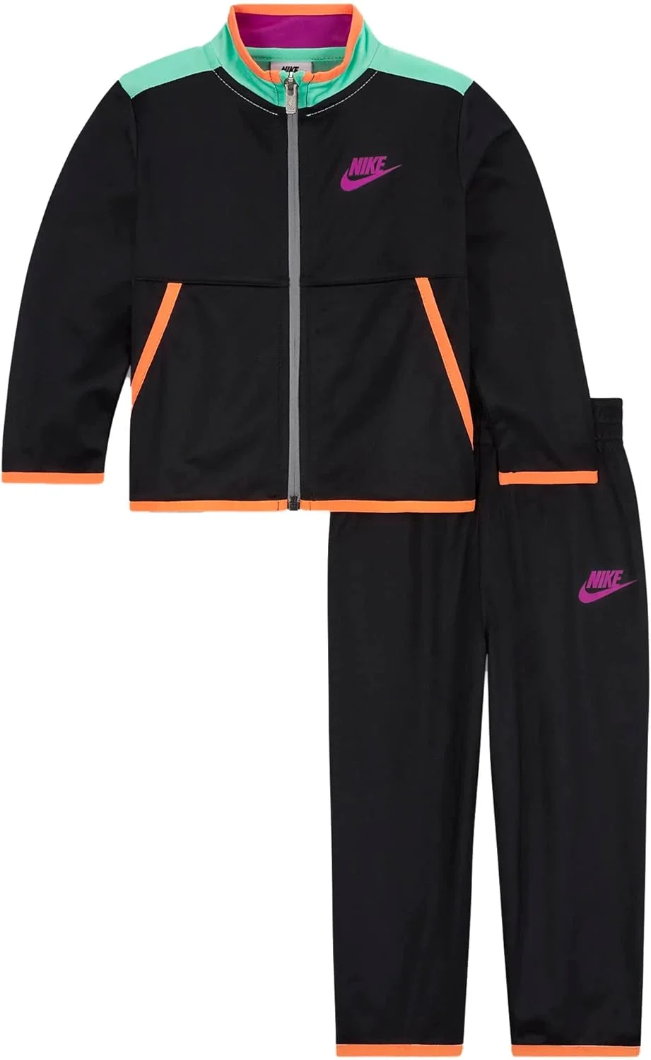 ست ژاکت زیپ دار و شلوار ورزشی پسرانه نایک مدل Sportswear Illuminate، دو تکه، کد B(66k251-023)، رنگ مشکی/نارنجی، سایز 2 سال