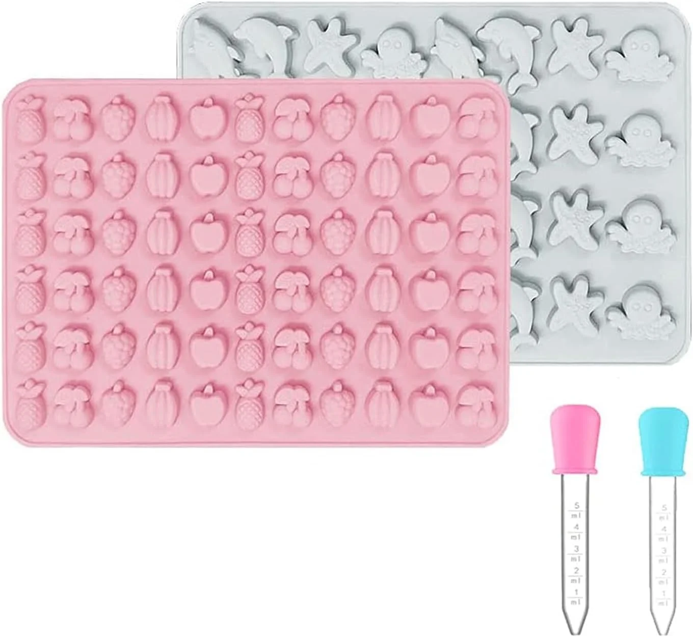 قالب آبنبات چوبی Lonimia، 2 عدد، همراه با 2 قطره چکان، قالب سیلیکونی طرح حیوانات و میوه، قالب آبنبات، قالب ژله شکلاتی، قالب نچسب برای پخت و پز، سینی یخ - صورتی، خاکستری