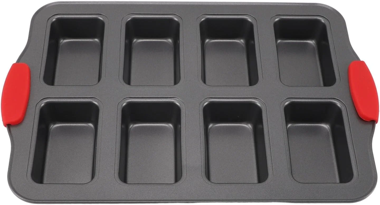 قالب مینی نان چسبنده Luqeeg، جنس فولاد کربنی، 8 قالب مستطیلی حفره دار، توزیع یکنواخت حرارت، قالب پخت نان با دسته سیلیکونی برای کیک، نان و چیزکیک براونی