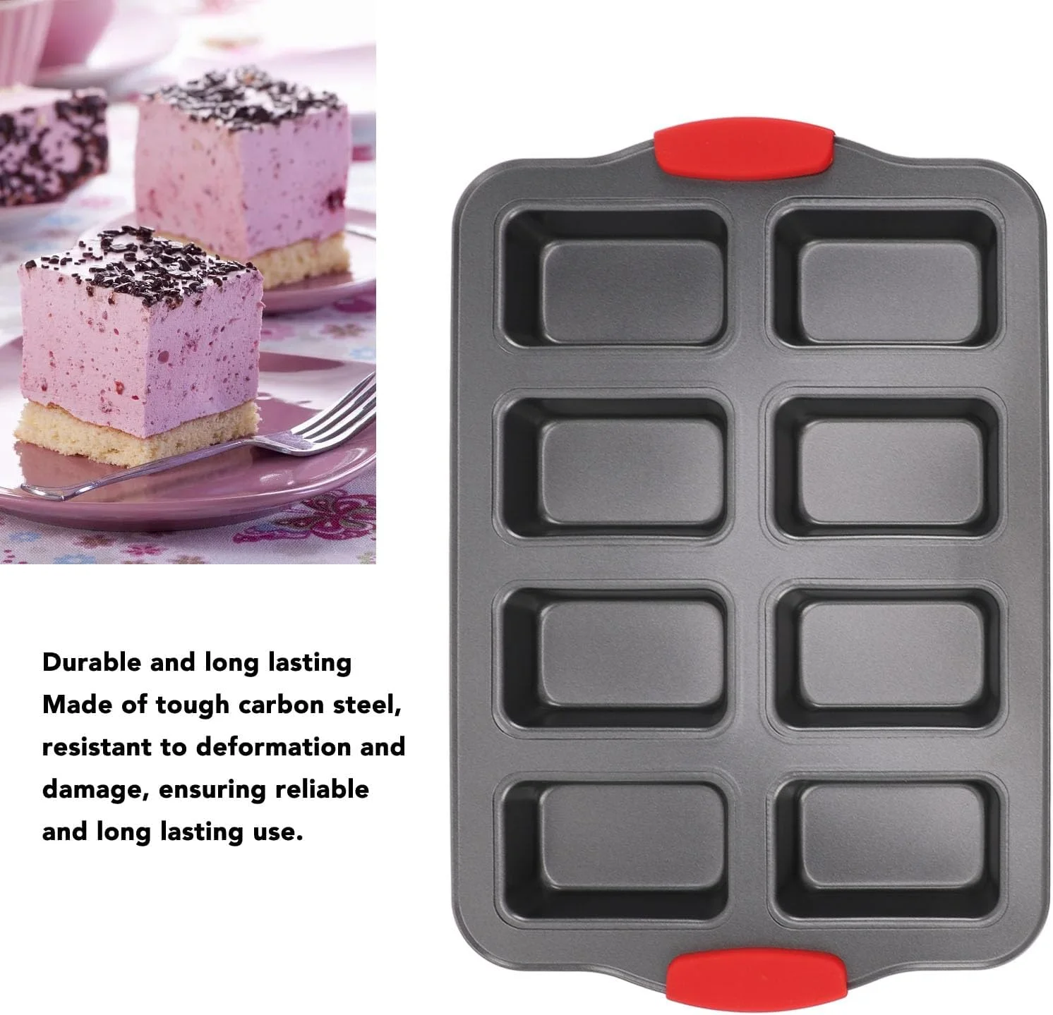 قالب مینی نان چسبنده Luqeeg، جنس فولاد کربنی، 8 قالب مستطیلی حفره دار، توزیع یکنواخت حرارت، قالب پخت نان با دسته سیلیکونی برای کیک، نان و چیزکیک براونی
