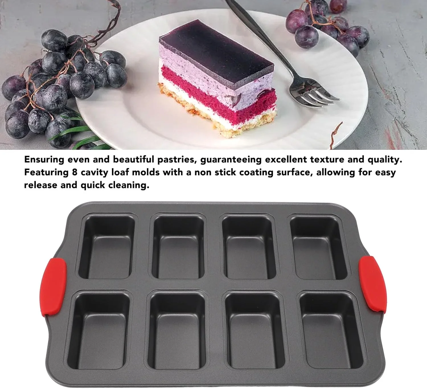 قالب مینی نان چسبنده Luqeeg، جنس فولاد کربنی، 8 قالب مستطیلی حفره دار، توزیع یکنواخت حرارت، قالب پخت نان با دسته سیلیکونی برای کیک، نان و چیزکیک براونی