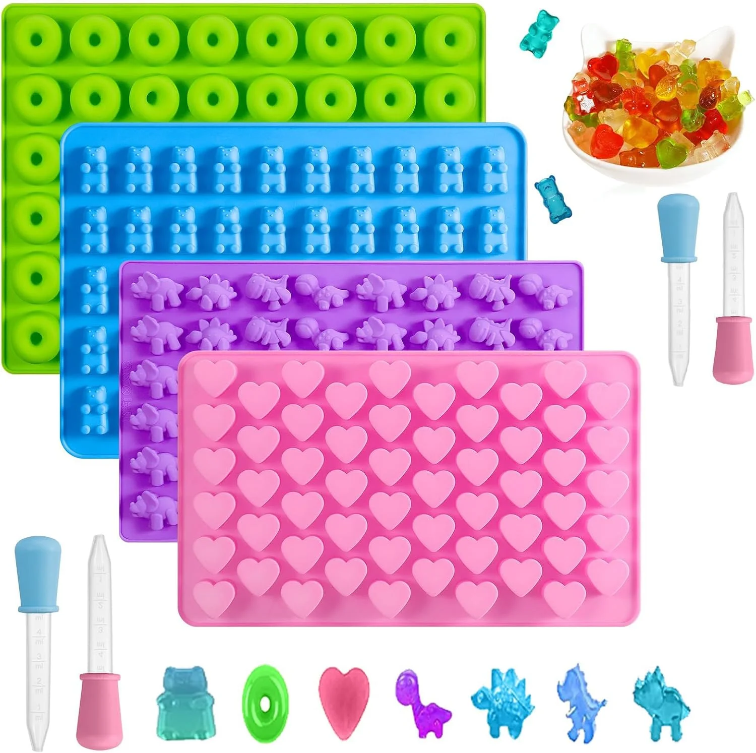 قالب آبنبات خرسی پاستیلی KOWVOWZ، 4 عددی، قالب های آبنبات سیلیکونی، قالب شکلات با 4 قطره چکان، قالب های ژله ای شامل شکل های دایناسور، قلب، خرس و مینی دونات برای پخت