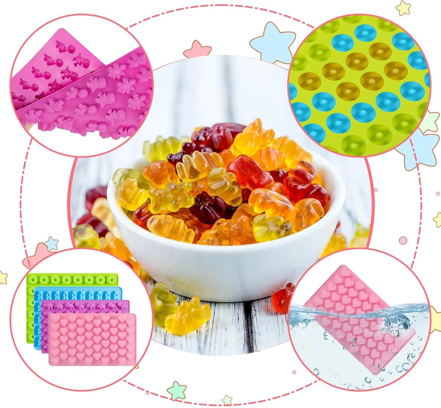 قالب آبنبات خرسی پاستیلی KOWVOWZ، 4 عددی، قالب های آبنبات سیلیکونی، قالب شکلات با 4 قطره چکان، قالب های ژله ای شامل شکل های دایناسور، قلب، خرس و مینی دونات برای پخت