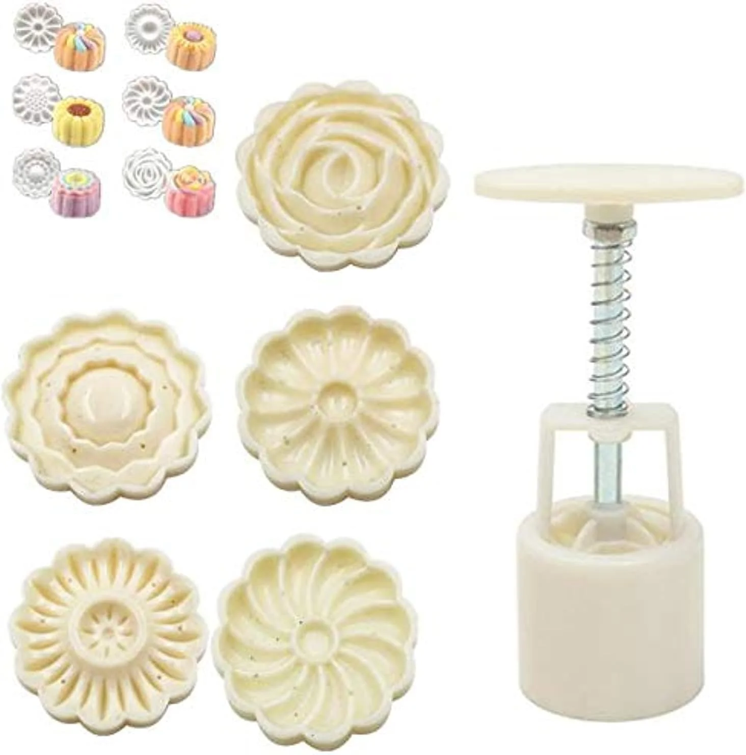 قالب برش کوکی ماه کیک گل رز سه بعدی، ابزار پخت شیرینی DIY، 1 بشکه + مجموعه 6 مهر، قالب کیک با فشار دست، سفید
