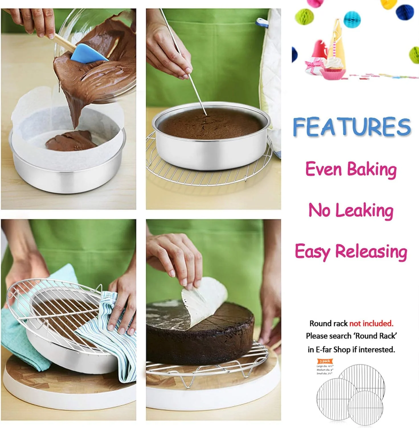 ست قالب کیک 6 اینچی E-far، مجموعه 3 عددی قالب های گرد استیل ضد زنگ برای کیک های کوچک، غیر سمی و سالم، پرداخت آینه ای و قابل شستشو در ماشین ظرفشویی