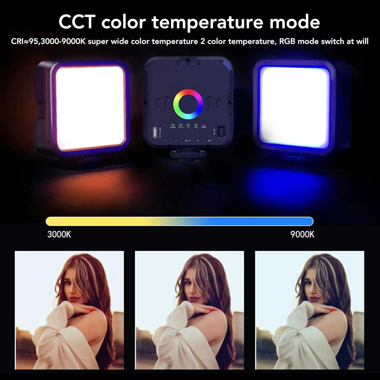 نور ویدئویی RGB با 3 حالت دیمر، لامپ عکاسی قابل حمل 3000-9000K با 1200mAh، لامپ قابل شارژ CRI 95 برای پخش زنده