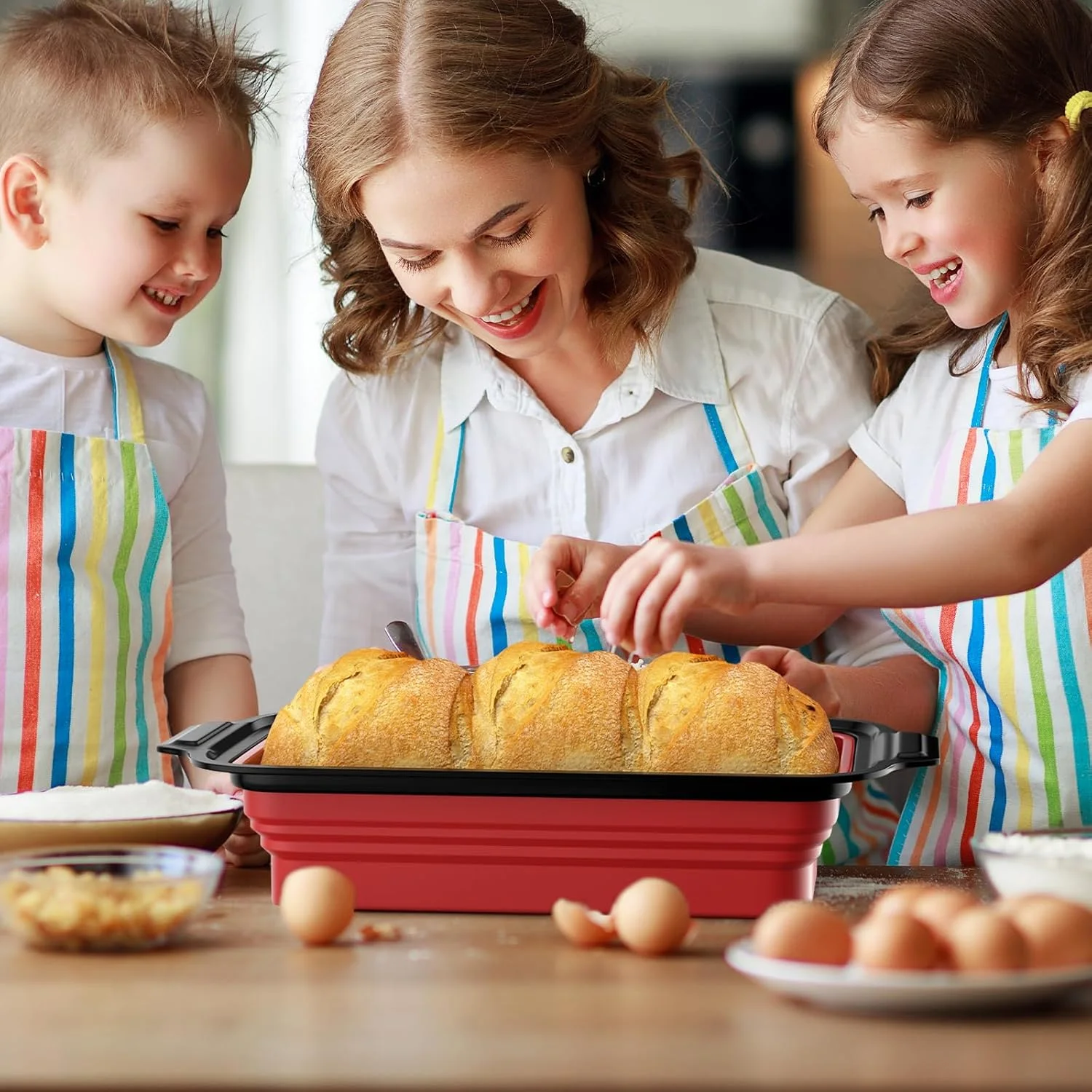 قالب نان تست سیلیکونی EDENCOMERS با قاب فلزی تقویت شده، قالب های نان برای نان خانگی، قالب های تاشو نان، قالب های نچسب سیلیکونی برای فر، قالب پخت سیلیکونی (1، مشکی+قرمز)