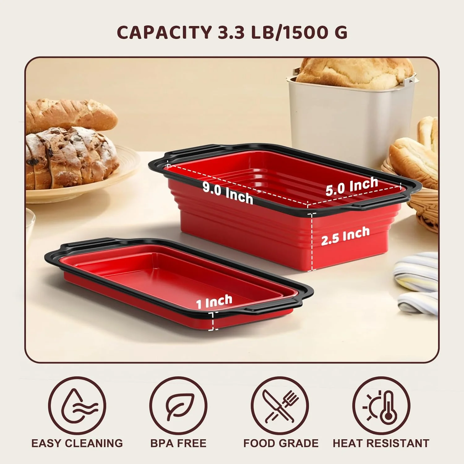 قالب نان تست سیلیکونی EDENCOMERS با قاب فلزی تقویت شده، قالب های نان برای نان خانگی، قالب های تاشو نان، قالب های نچسب سیلیکونی برای فر، قالب پخت سیلیکونی (1، مشکی+قرمز)