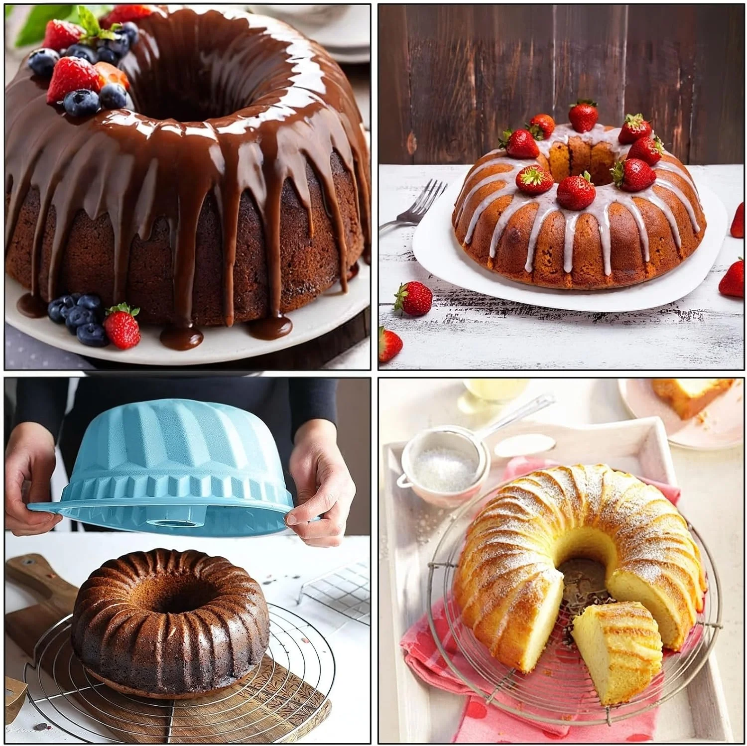 قالب شیفون سیلیکونی آبی Duomama سایز 9.6 اینچ - قالب نچسب با دسته محکم برای کیک، نان، ژله و غیره - مناسب برای ژلاتین - جدا شدن آسان