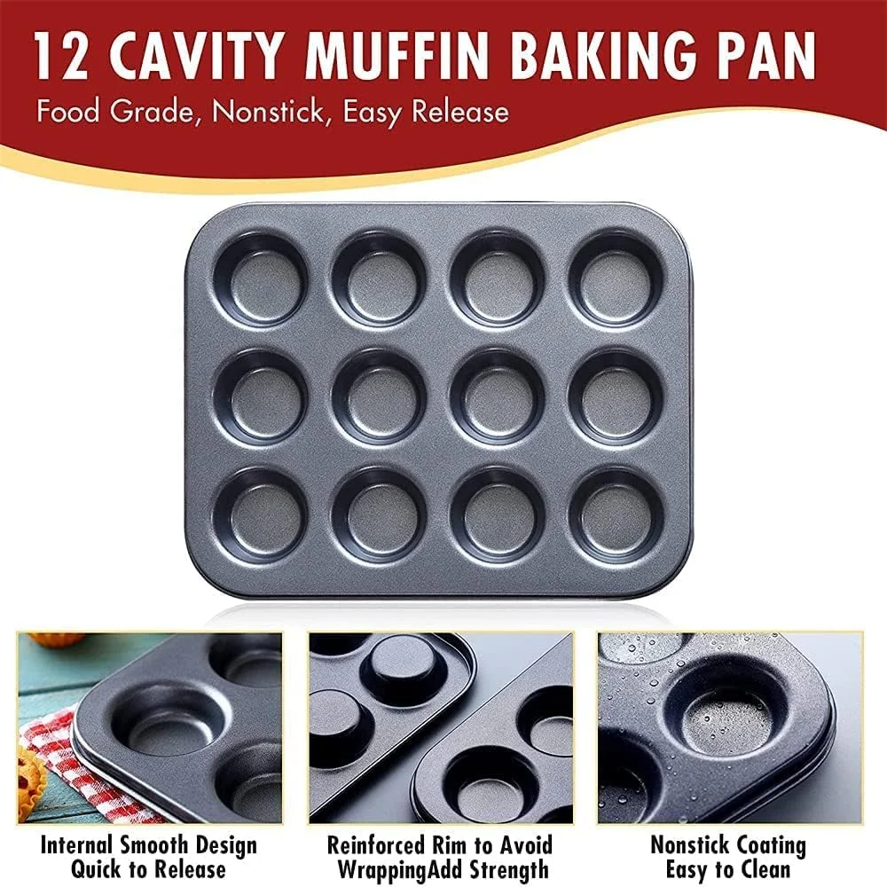 قالب کیک پزی ECVV، قالب مافین از جنس فولاد کربنی، قالب کیک پزی نچسب 12 حفره، قالب های مینی پای، سینی مافین فولاد کربنی، قالب سینی پخت استاندارد برای پخت در فر