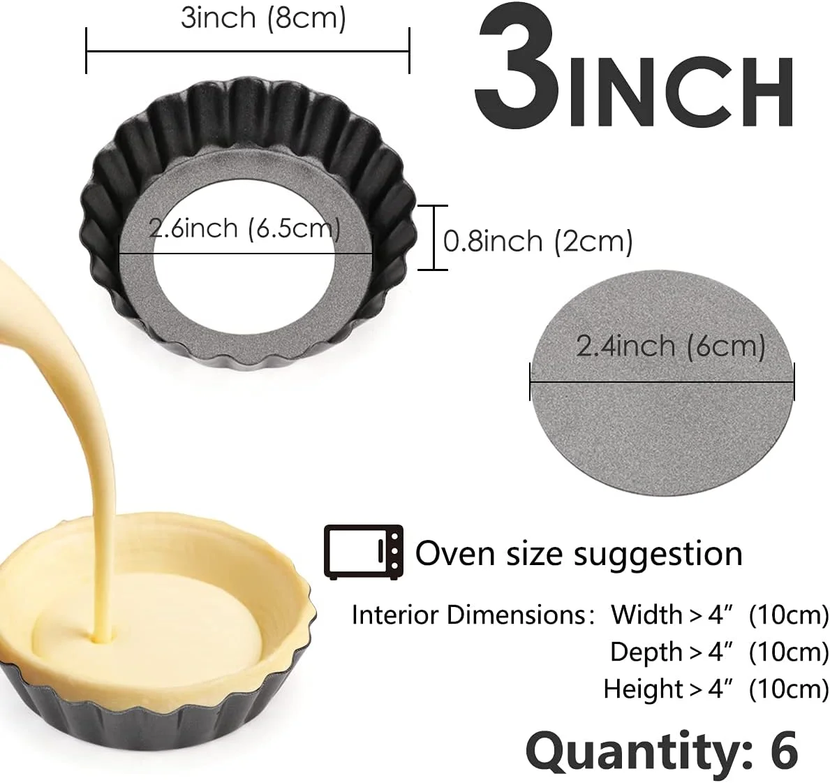 قالب تارت تخم مرغ سایمی 6 عددی، قالب های مینی تارت 3 اینچی با ته جدا شونده، قالب کیک مافین کاپ کیک، ابزار پخت، قالب کیش فولادی کربنی قابل استفاده مجدد برای پای، کیش، کیک پنیر، دسر