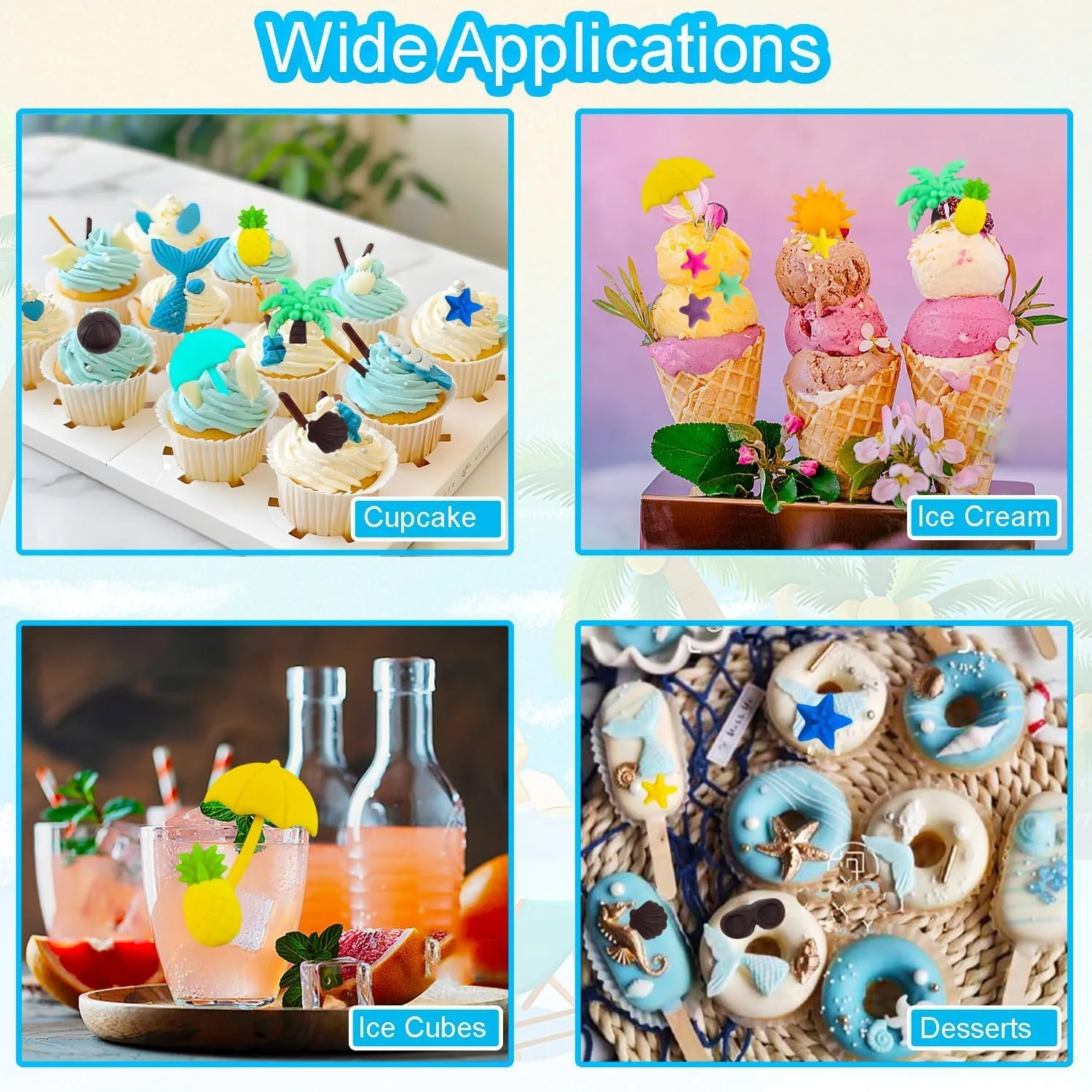 قالب سیلیکونی شکلات، 2 عدد قالب پخت طرح ساحل تابستانی، آناناس، ستاره دریایی، صدف و درخت نارگیل، قالب مهمانی استوایی برای آب نبات، ژله، قالب یخ و کلوچه