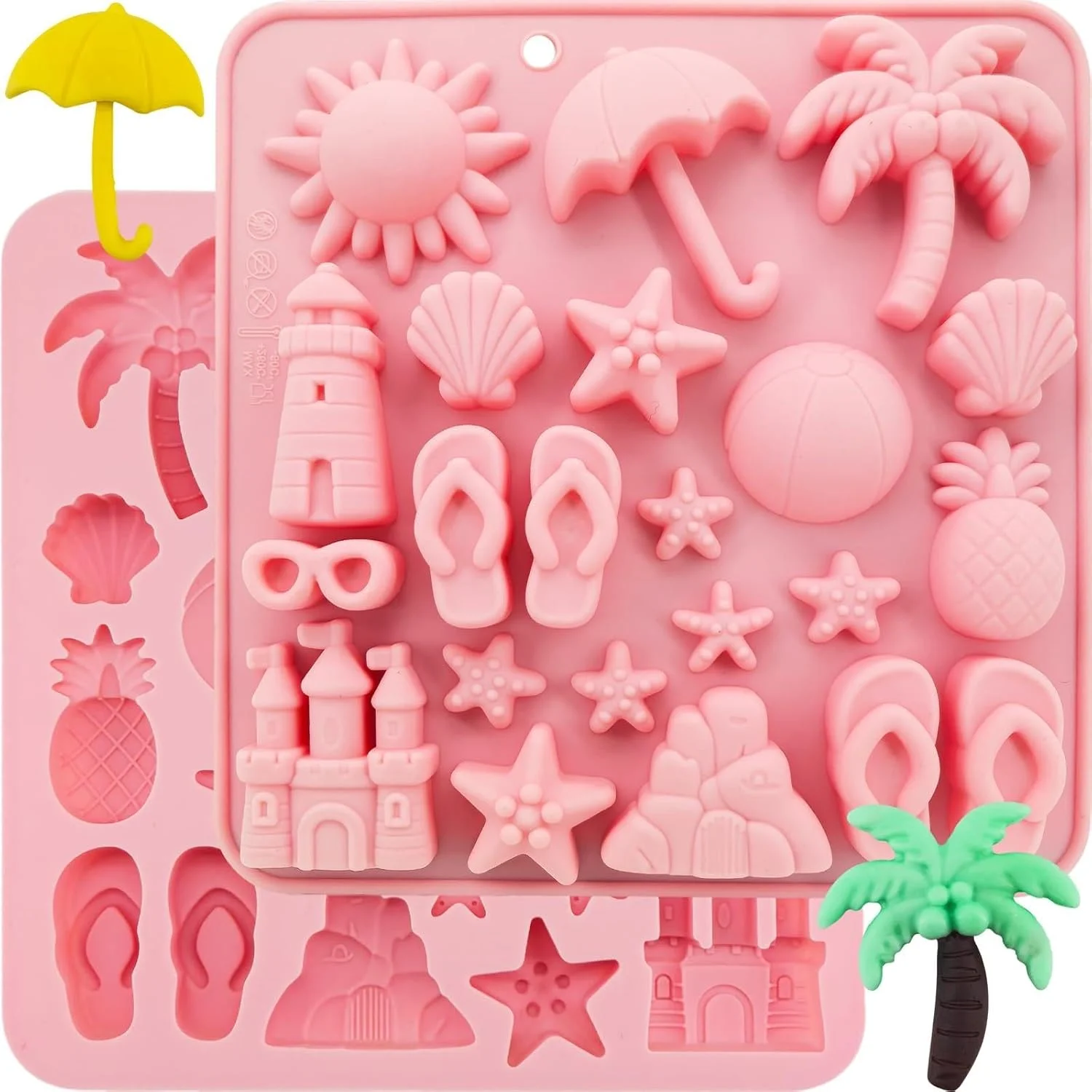 قالب سیلیکونی شکلات، 2 عدد قالب پخت تابستانی ساحلی، طرح آناناس، ستاره دریایی، صدف و درخت نارگیل، قالب مهمانی استوایی برای آب نبات، ژله، یخ و کلوچه