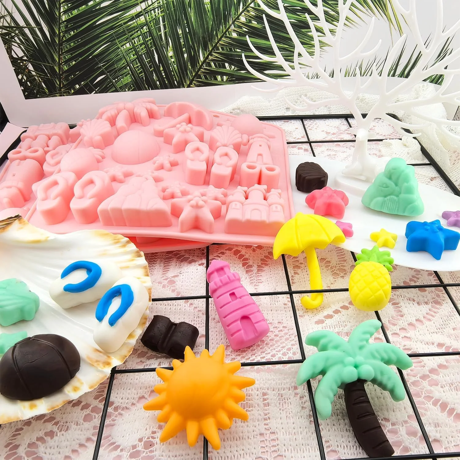 قالب سیلیکونی شکلات، 2 عدد قالب پخت تابستانی ساحلی، طرح آناناس، ستاره دریایی، صدف و درخت نارگیل، قالب مهمانی استوایی برای آب نبات، ژله، یخ و کلوچه قالب سیلیکونی شکلات، 2 عدد قالب پخت تابستانی ساحلی، طرح آناناس، ستاره دریایی، صدف و درخت نارگیل، قالب مهمانی استوایی برای آب نبات، ژله، یخ و کلوچه