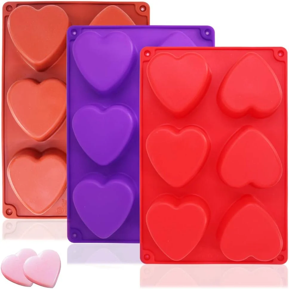 قالب سیلیکونی 3 بسته ای 6 حفره ای طرح قلب (بنفش، قرمز، قهوه ای)، قالب پخت کیک findTop، قالب شکلات بیسکویت، سینی مکعب یخ، قالب صابون