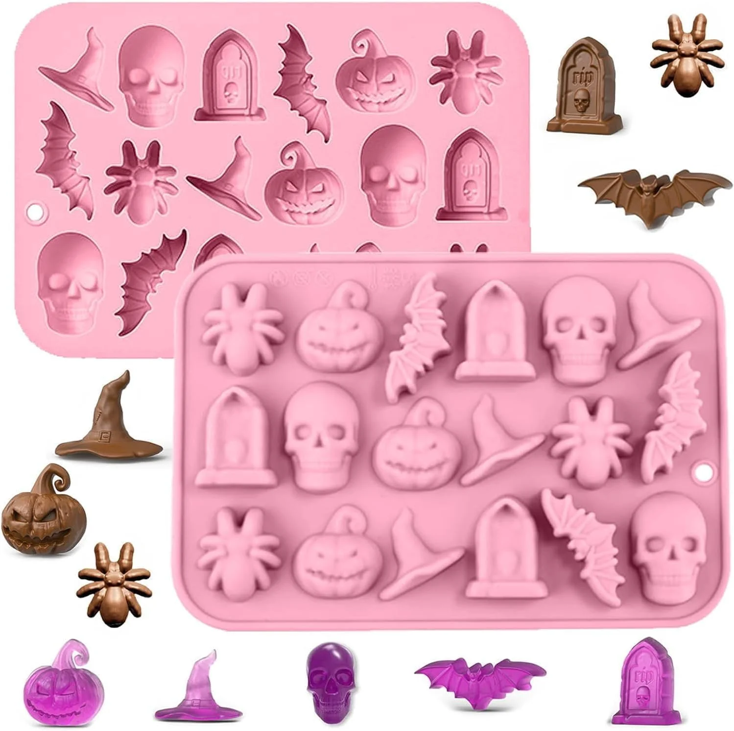 قالب شکلات هالووین ChicAbode، بسته 2 عددی، قالب های آب نبات سیلیکونی سه بعدی، قالب پخت هالووین، جمجمه کدو تنبل عنکبوت خفاش کلاه جادوگر، برای آب نبات، کلوچه، یخ، شکر، تزئین کیک
