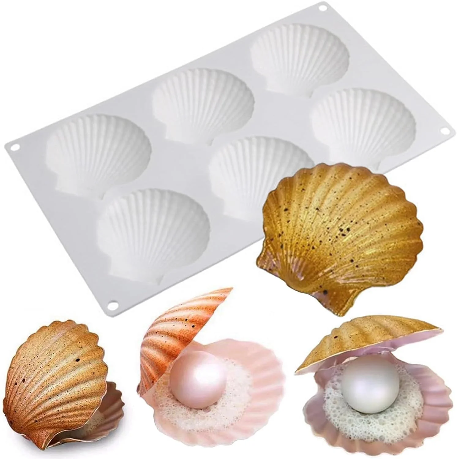 قالب سیلیکونی 6 حفره ای طرح صدف ChicAbode، قالب های پخت صدف دریایی، قالب های فوندانت کیک شکلاتی با تم دریایی، پروژه های ساخت رزین اقیانوسی سه بعدی، برای تزئین کاپ کیک های شیرینی آب نبات