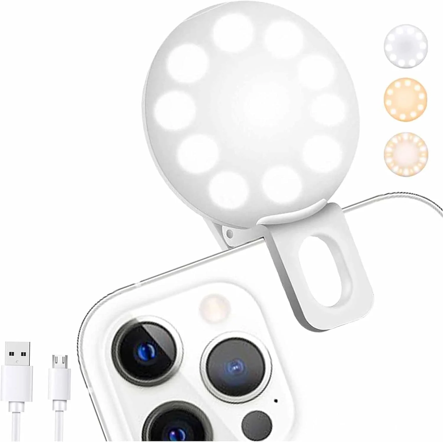 حلقه نور کوچک تزویق، حلقه نور گیره ای کوچک، نور LED قابل حمل برای تلفن های همراه، نور سلفی با روشنایی قابل تنظیم (سفید)